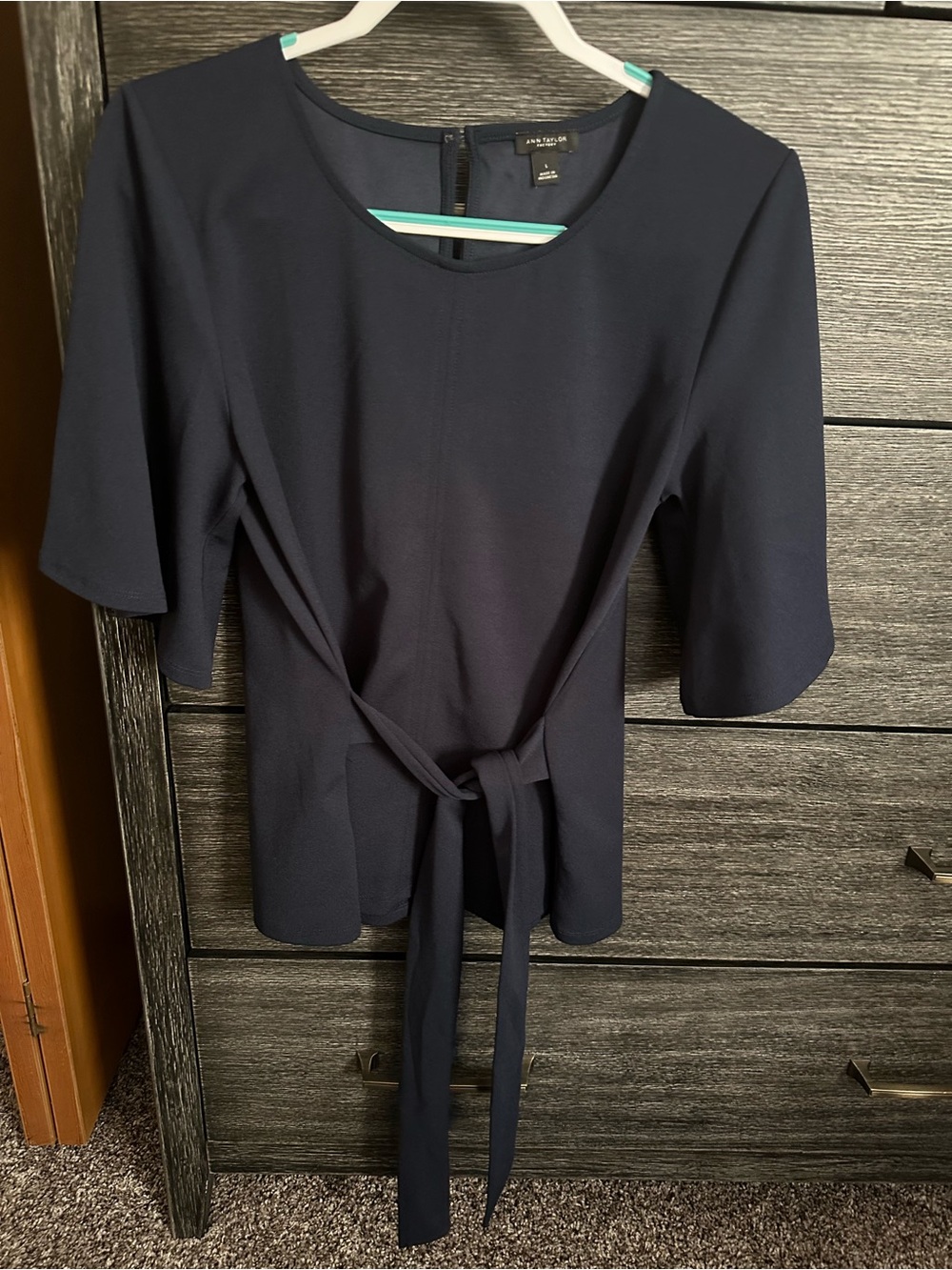 Ann Taylor Navy Short-Sleeve Tie-Front Top